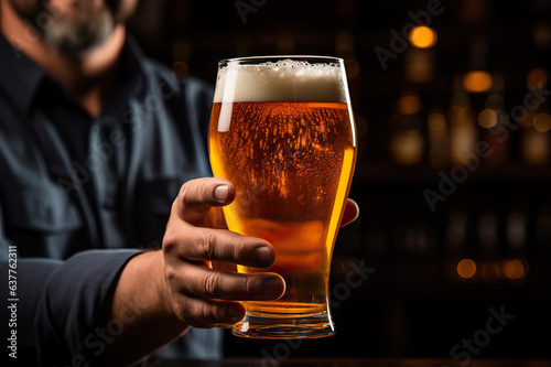 Refreshing Moments: Bartender Holding a Freshly Tapped Glass of Beer with Ample Copy Space. created with Generative AI