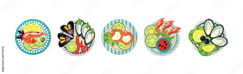 Seafood Dish and Food Design Served on Plate Vector Set Seafood Dish and Food Design Served on Plate Vector Set