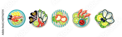 Seafood Dish and Food Design Served on Plate Vector Set