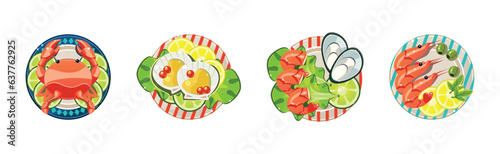 Seafood Dish and Food Design Served on Plate Vector Set