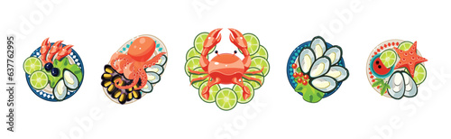 Seafood Dish and Food Design Served on Plate Vector Set