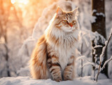Photo of a Siberian cat walking in a snowy forest