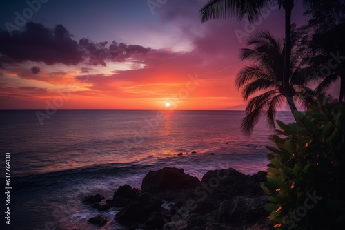 A stunning sunset over the ocean with beautiful palm trees