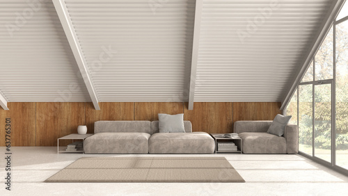 Minimal mansard in white tones  living room with velvet sofa. Wooden walls  iron beams and resin floor. Panoramic window with garden. Modern interior design