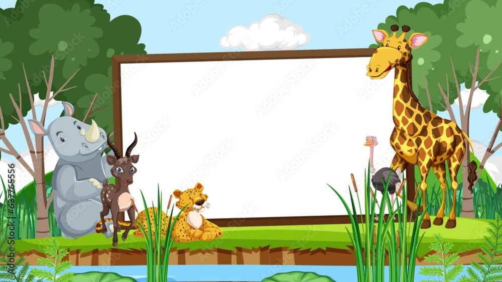 Wooden sign banner with wild animals in a forest nature background ...