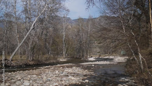 Wallpaper Mural A river in a mountainous area flows near a stone bank. Trees without leaves. Autumn landscape. Torontodigital.ca