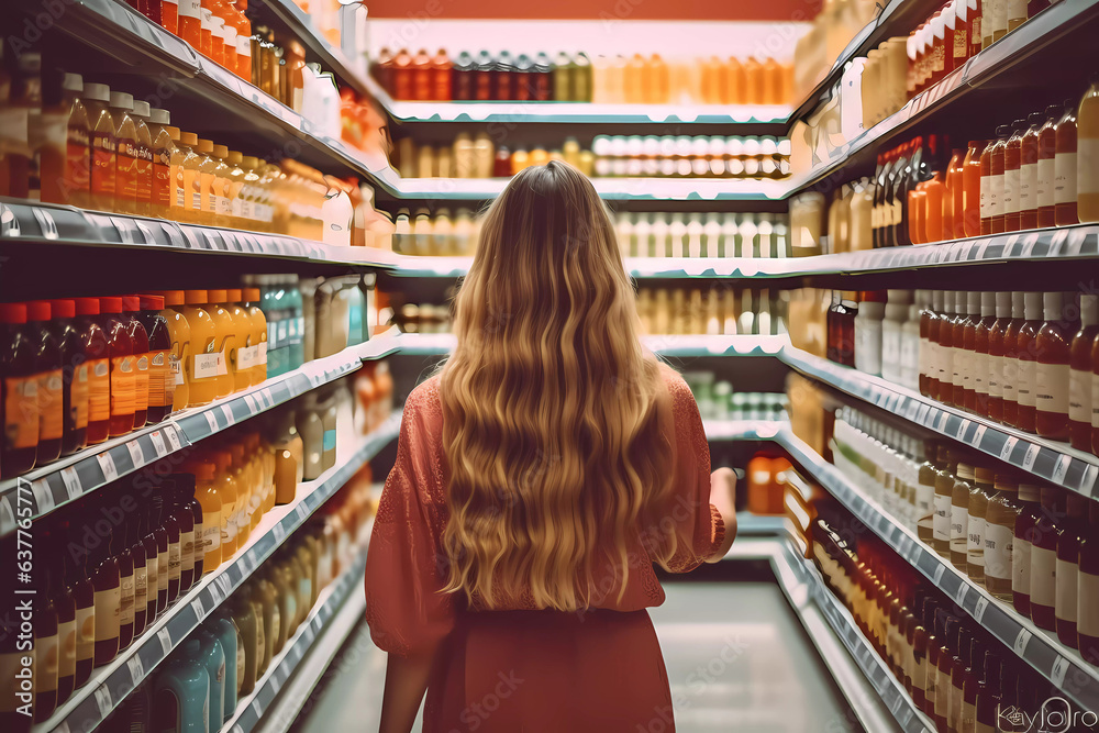 Young woman shopping in a supermarket. Generative ai design concept.