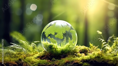 Globe on moss on forest. Generative ai design.