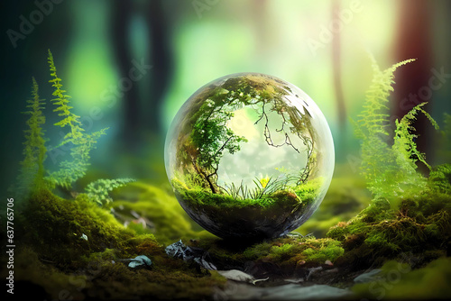Globe in the green forest. Generative ai design.