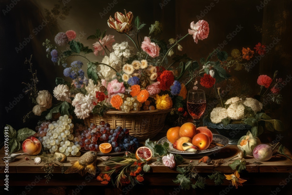 A still life painting featuring flowers and fruit on a table