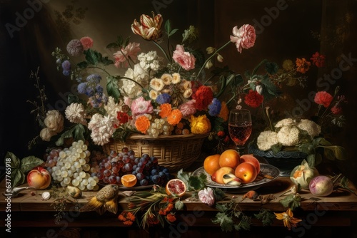 A still life painting featuring flowers and fruit on a table