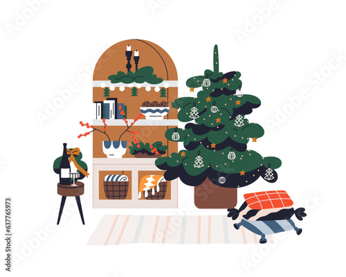 Xmas tree and winter holiday decorations at cozy home interior. Decorated Chr...