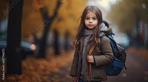 Teenage student girl walking in city during autumn