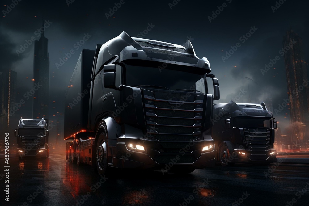 Modern 3D trucks on black, futuristic backdrop. Generative AI