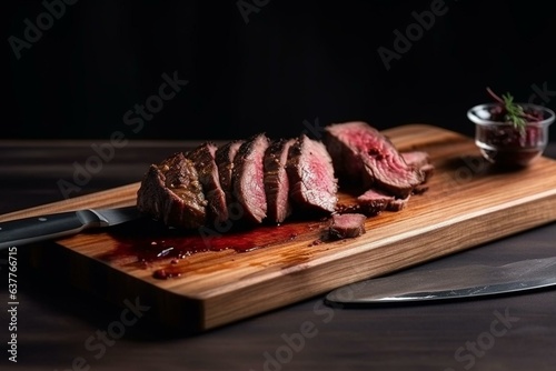 Sliced grilled venison leg presented on a wooden design board with empty space for text. Generative AI