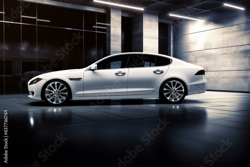 Sleek white sedan with stunning wheels, a spacious chrome grille, and a modern design. Generative AI © Sophia