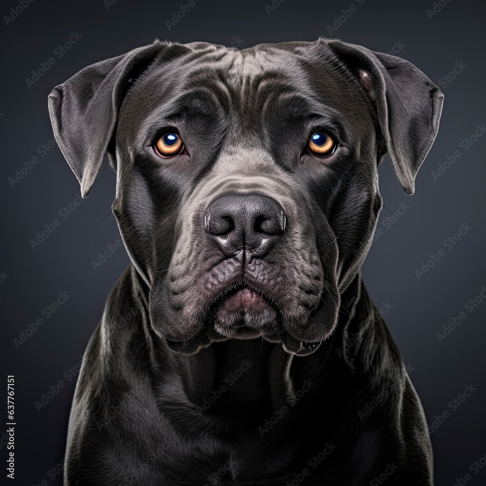 A close-up of a Cane Corso dog against a black background created with Generative AI technology