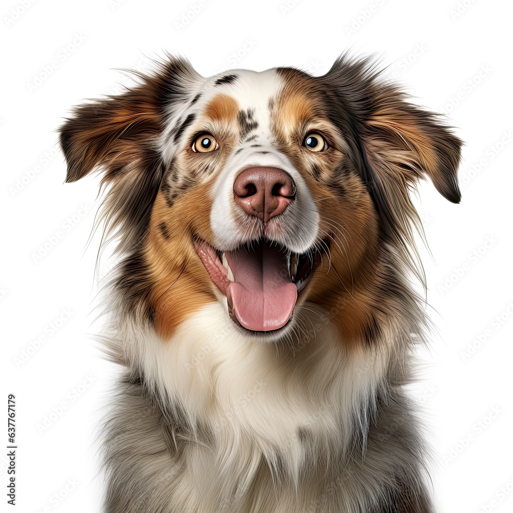 A joyful Australian Shepherd dog with a wide open mouth created with Generative AI technology