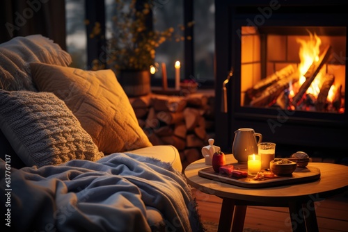 Cozy living room with lit fireplace and warm blankets, embodying hygge lifestyle - AI Generated