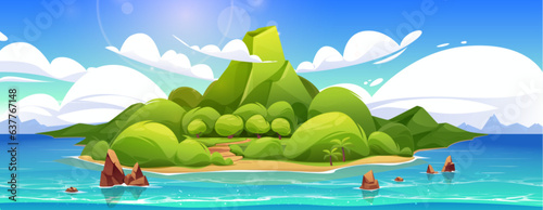 Tropical volcano island in sea cartoon vector landscape background. Exotic volcanic isle with palm tree forest in ocean water. Beautiful tropic tourism green seaside coast nature on sunny day.