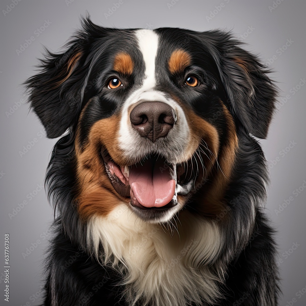 A smiling Bernese Mountain dog with its tongue out created with Generative AI technology