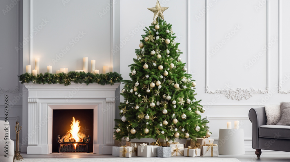 A big beautiful green Christmas tree with shiny balls and New Year's gifts in holiday boxes on the background of a light wall with a fireplace A big beautiful green Christmas tree with shiny balls and New Year's gifts in holiday boxes on the background of a light wall with a fireplace