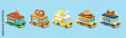 Street Food Trucks and Vehicles Isometric Icons Vector Set
