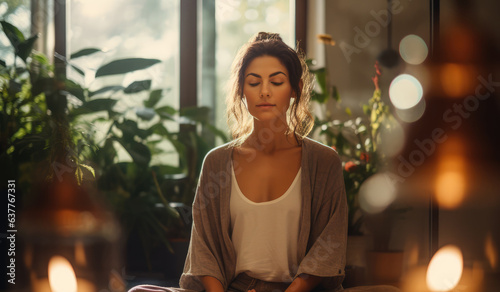 Young woman practicing guided meditation at home for mental health - AI Generated photo