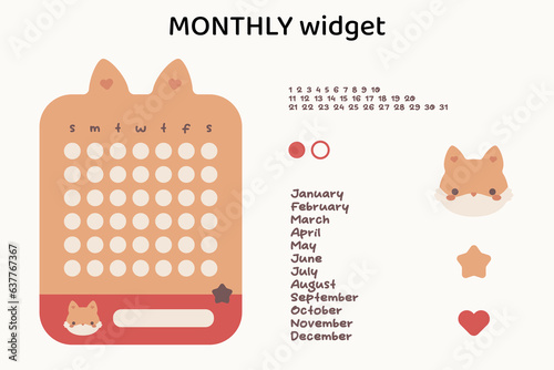 Kawaii digital monthly widget. Kawaii widget with cute fox. Digital planner or journal monthly widget. Vector art.