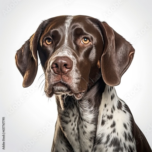 A close-up of a German Shorthaired Pointer dog against a clean white background created with Generative AI technology