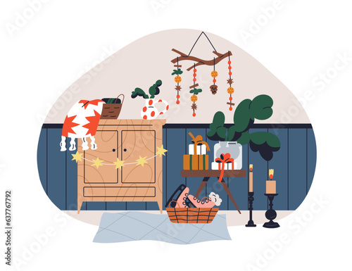 Christmas home decoration. Cozy decorated apartment with Xmas ornament, winter holiday decor. Candles, vase and branches, basket and plaid. Flat vector illustration isolated on white background