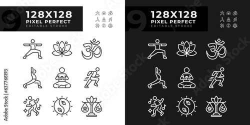 Pixel perfect light and dark mode icons representing meditation, editable thin line wellness illustration set.