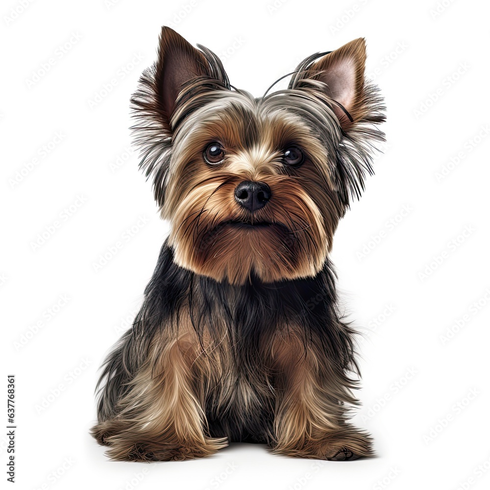 A Yorkshire Terrier dog sitting on a white floor created with Generative AI technology A Yorkshire Terrier dog sitting on a white floor created with Generative AI technology