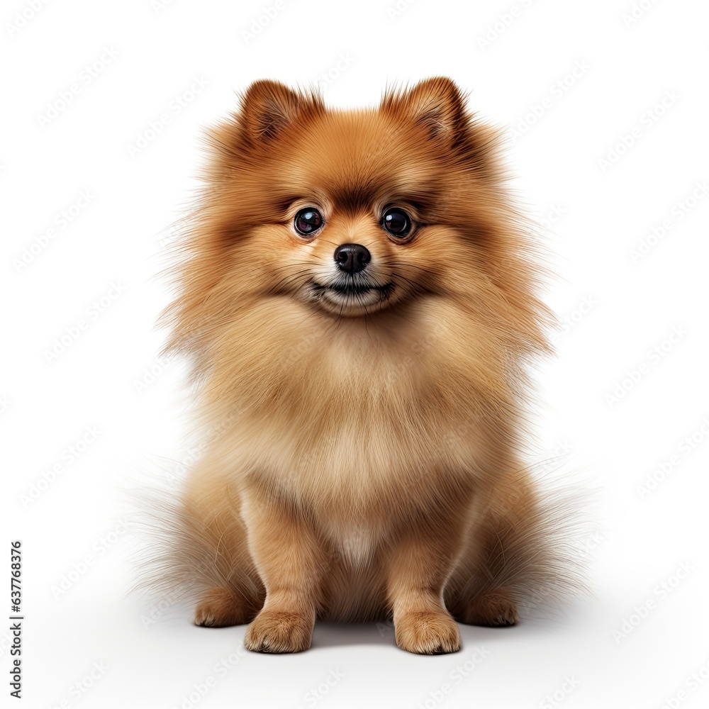 A small brown Pomeranian dog sitting on a white floor created with Generative AI technology