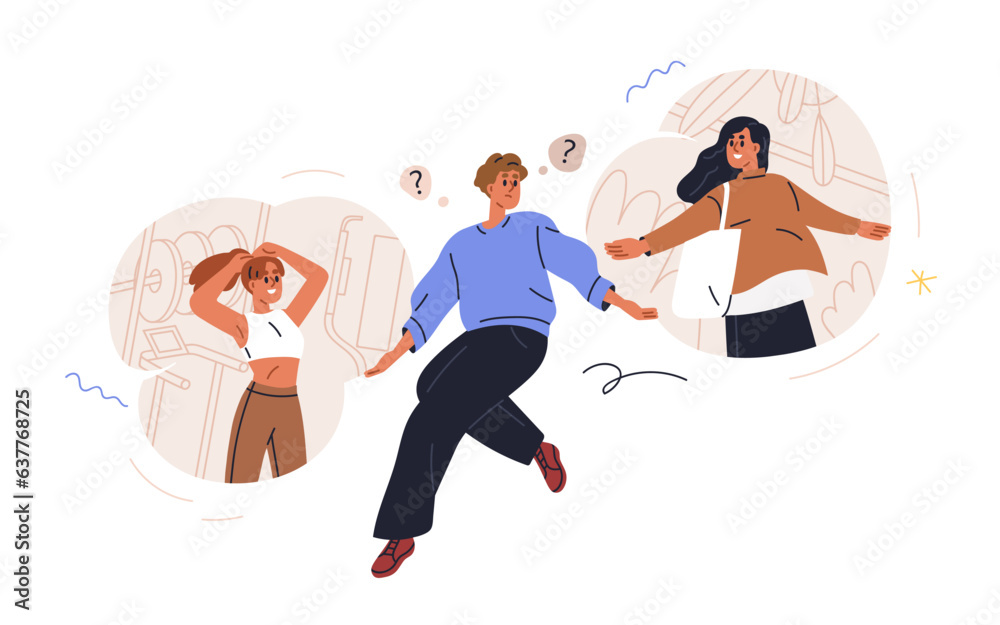 Puzzled man choosing love partner, comparing two girls. Girlfriend choice problem concept. Selecting between females for relationships. Flat graphic vector illustration isolated on white background