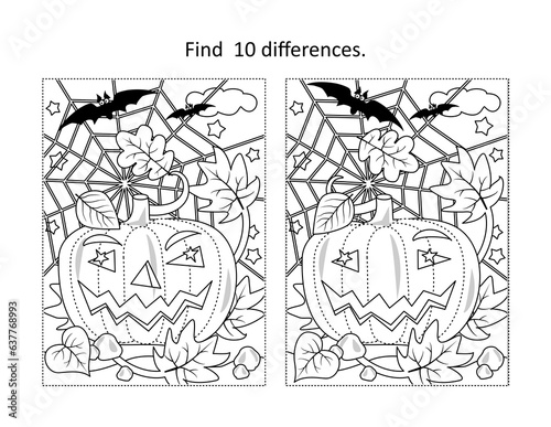 Halloween pumpkin find the differences picture puzzle and coloring page 