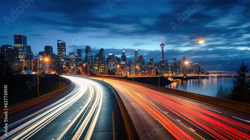 The motion blur of a busy urban highway during the evening rush hour. The city skyline serves as the background, illuminated by a sea of headlights and taillights.