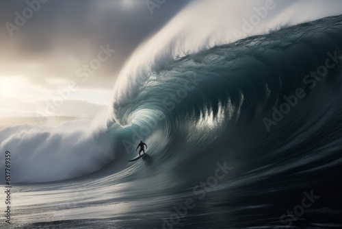 A surfer riding a massive wave on a surfboard