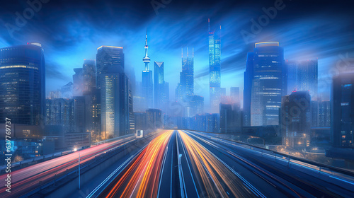 The motion blur of a busy urban highway during the evening rush hour. The city skyline serves as the background  illuminated by a sea of headlights and taillights.