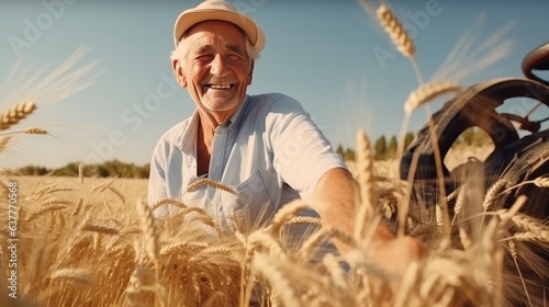 Old farmer mowing wheat in the field smiling © Darya