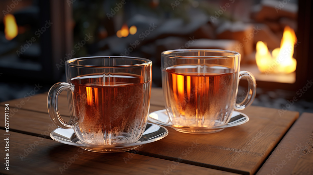 Christmas, two cups of tea on the table, the fireplace is lit. Christmas, two cups of tea on the table, the fireplace is lit.
