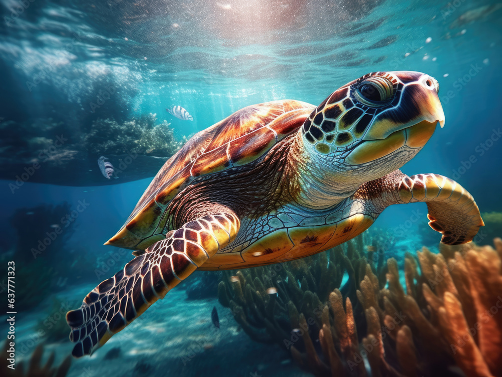 Fototapeta premium Sea turtle swims under blue water