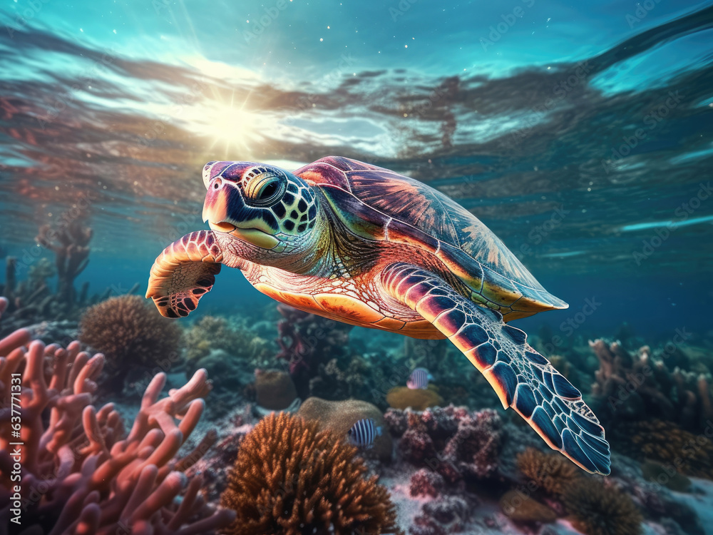 Fototapeta premium Sea turtle swims under blue water
