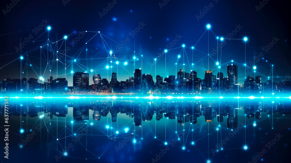 Fototapeta premium Skyline von einem Smart City und Datenvisualisierung, generiert mit KI