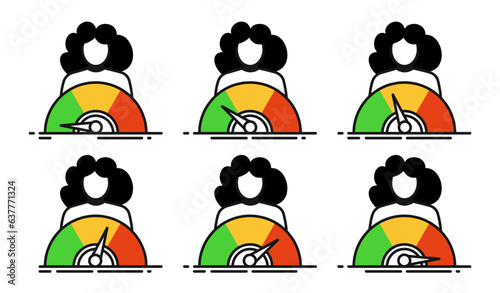 Set of simple icons with woman and meter. The concept of measuring stress, pressure, productivity, success and more