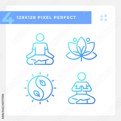 2D pixel perfect gradient icons set representing meditation, blue thin line wellness illustration.