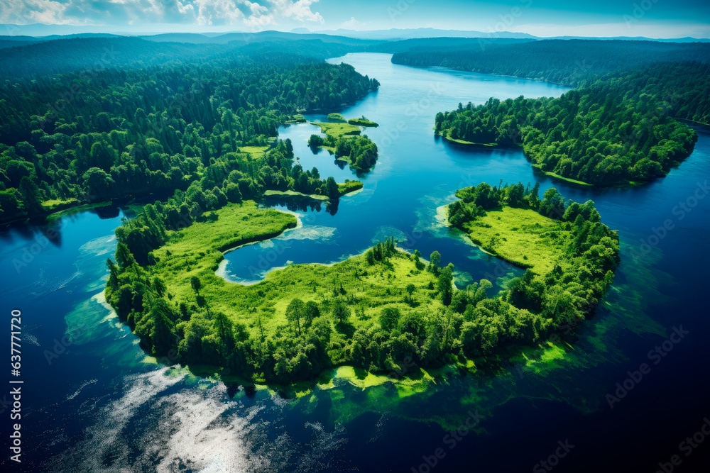 Aerial view of blue lake with island and green forests on a sunny summer day