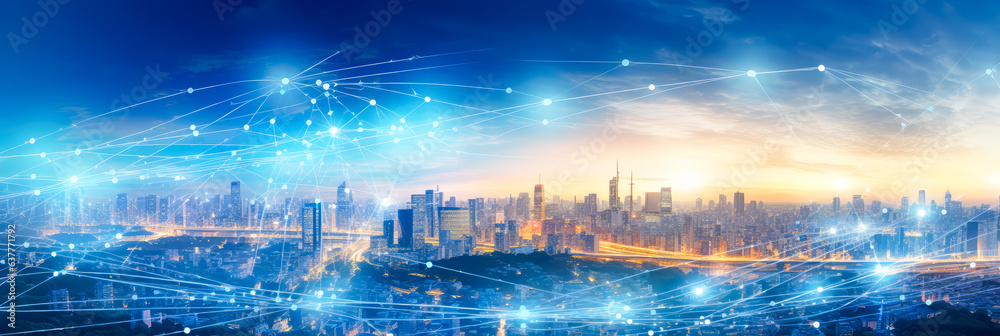 Fototapeta premium Skyline von einem Smart City und Datenvisualisierung, generiert mit KI