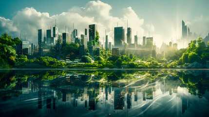 Futuristic city with a skyscrapers and green forest lush
