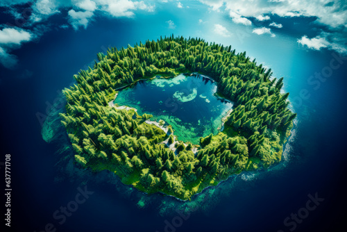 Fototapet Aerial view of a small island with a lake surrounded by green forest and trees